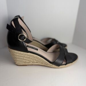 Nine West Jeranna Espadrille Wedge Sandals Black Leather Women 10 EUC